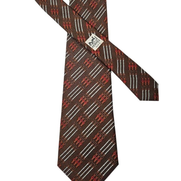 Vintage Hermes Paris Chain Belt Equestrian Silk Neck Tie Necktie Brown 55" - Picture 4 of 12